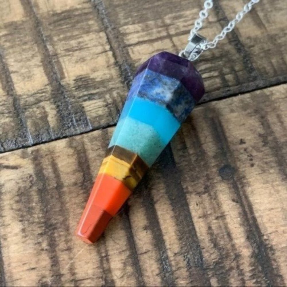 Multi Stone Chakra Pendant Point Silver Necklace - Picture 2 of 3